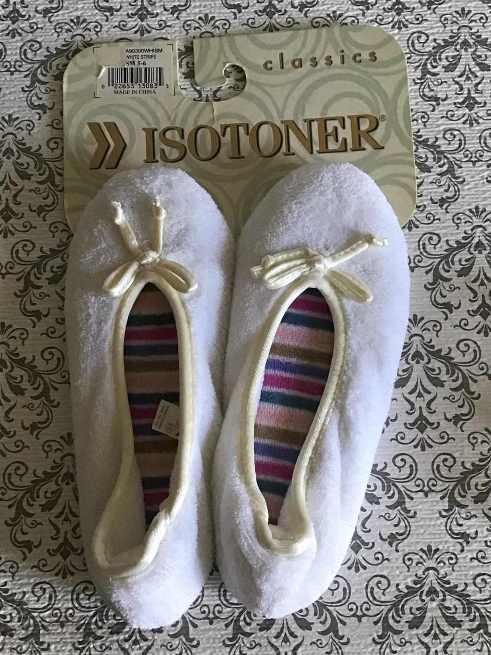 Isotoner White Plush Ballet Slippers with Striped Liner
